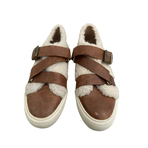 Frye Gia Moto Cognac Leather Sherpa Shearling Low Top Sneaker Shoe Size 8M - Picture 2 of 9